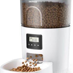 IMIPAW Automatic Cat Feeders, Timed Cat Dry Food Dispenser with Desiccant Bag, Dual Power Supply, Programmable Portion Size, 6 Meals, 20 Portions Per Day, Auto Pet Feeder for Cats and Small Dog, White