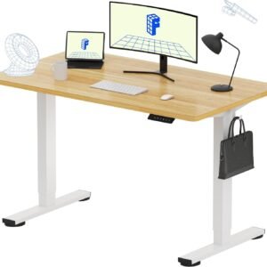 EN1 One-Piece Standing Desk, Electric Adjustable with 4 Memory Presets, 176 LBS Capacity, Stable & Quiet, Seamless Desktop for Home Office & Dual Monitors, 48"x24" Maple(White Frame)
