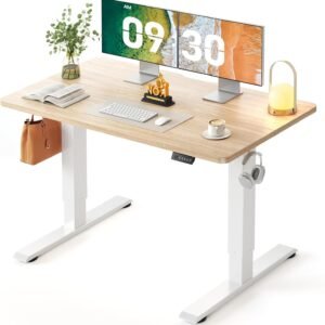 Electric Standing Desk 48 x 24 Inch, Height Adjustable Sit Stand Desk with Memory Presets, Splice Desktop Computer Desk for Home Office, White Frame/Light Walnut Top