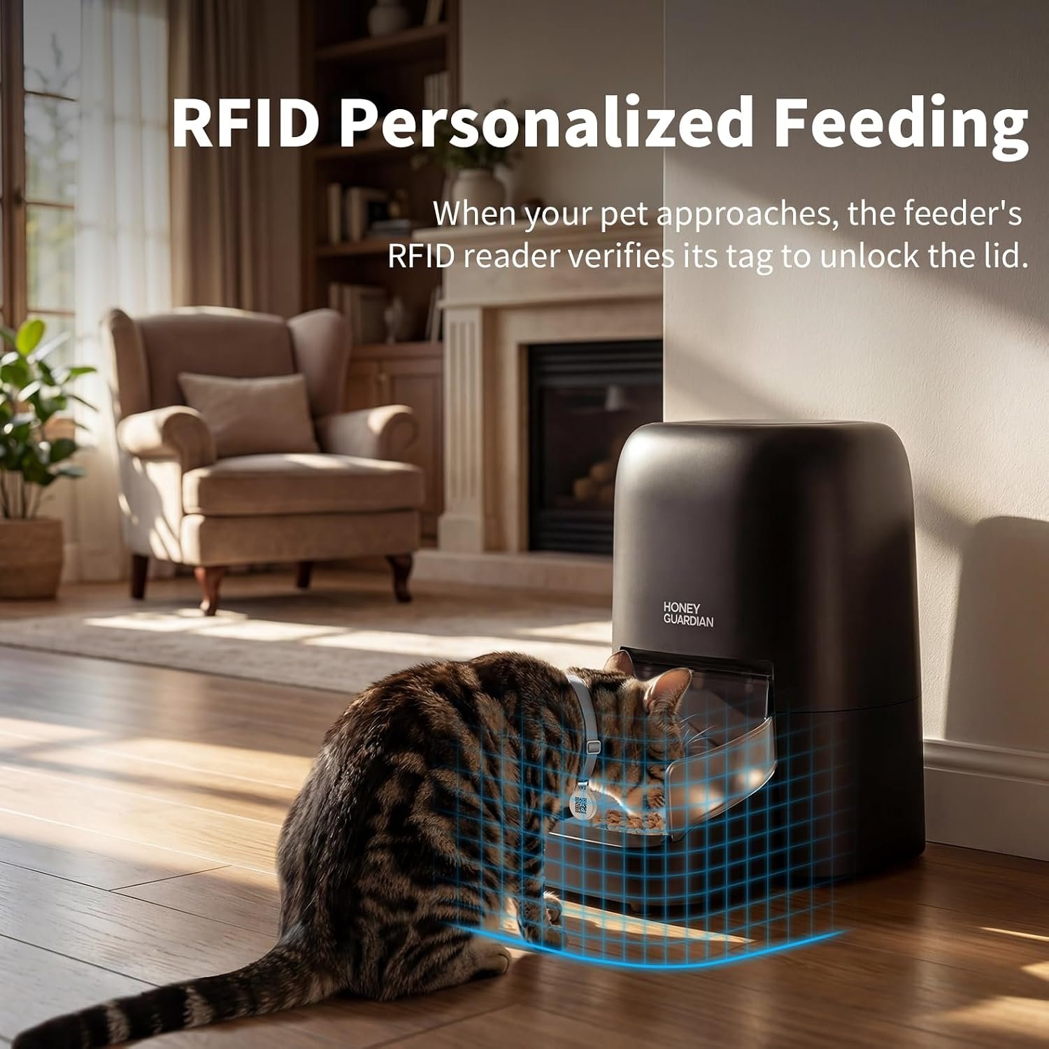 HoneyGuaridan RFID Automatic Cat Feeder,Collar Tag for Personalized Meal | 4.6L 5G WiFi Cat Food Dispenser with Cats Recognition,Diet Tracking and Anti-theft for Multi Pet Home and Different Diet - Image 2