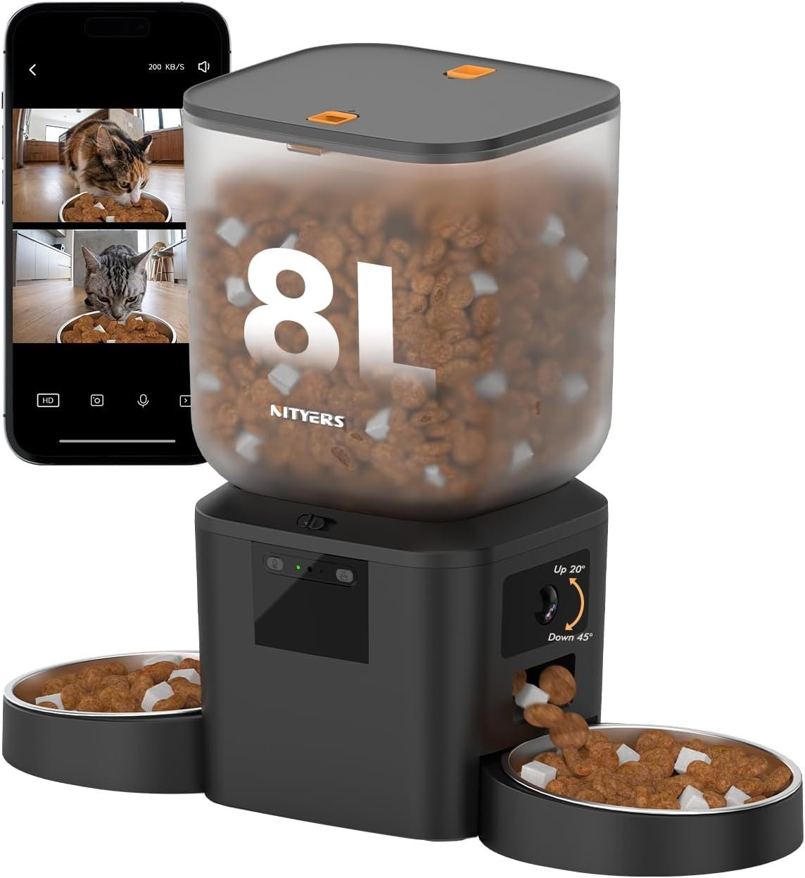 Nityers automatic cat feeder for two cats — 2K Cameras & 8L Hopper